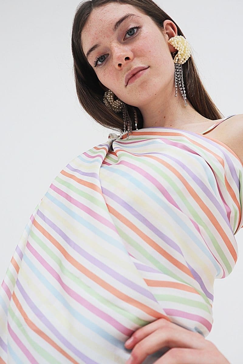 Aethera stripe Charlotte silk square scarf and Isla silk front tie pareo set in multicolor, featuring luxurious silk fabric.
