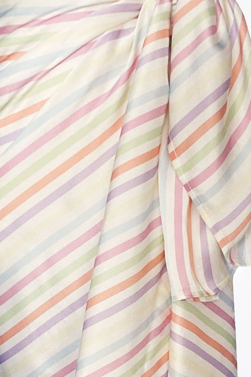 Aethera silk square scarf and front tie pareo set with multicolor stripe pattern, styled as elegant hair accessories.