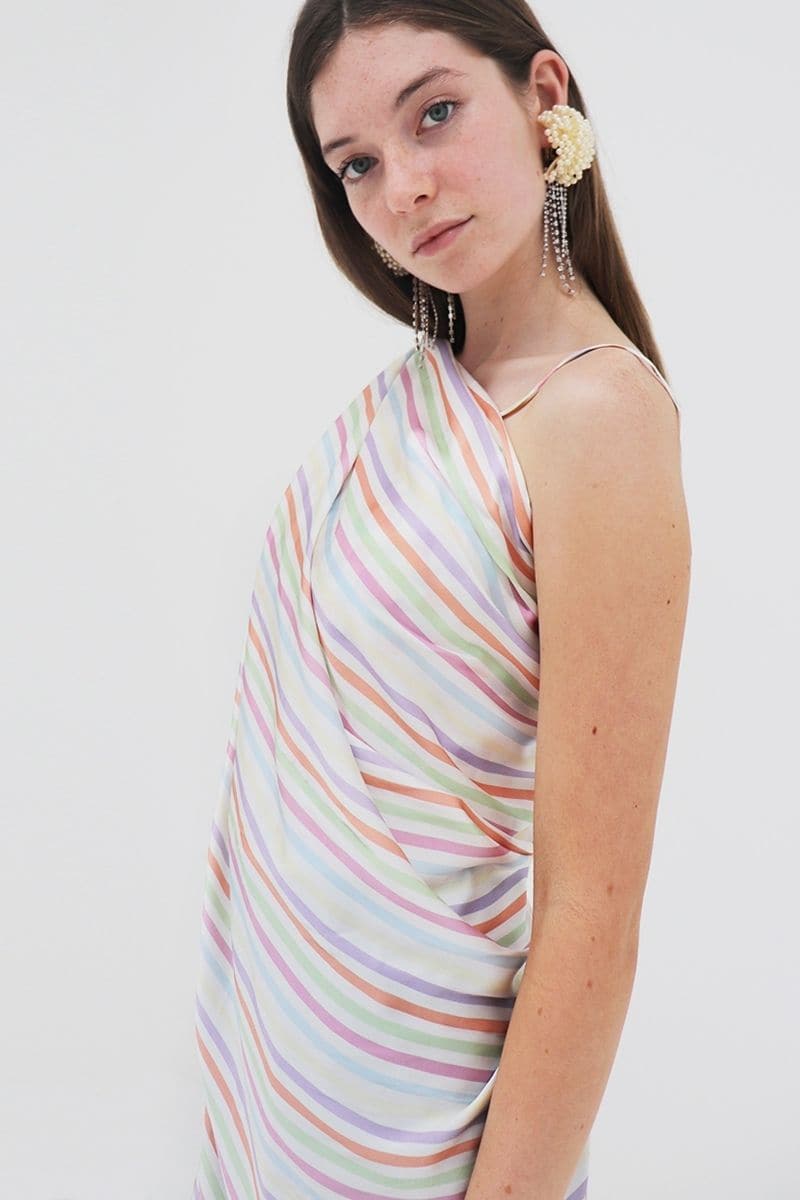 Aethera Stripe Charlotte silk square scarf and Isla silk front tie pareo set in vibrant multicolor, styled as hair accessories.