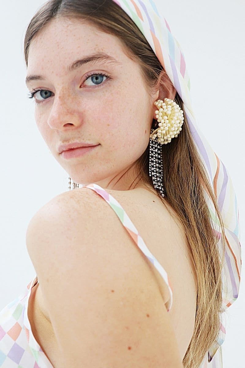 Aethera Stripe Charlotte silk square scarf and Isla silk front tie pareo set in vibrant multicolor, displayed as hair accessories.
