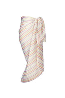 Aethera multicolor silk square scarf and front-tie pareo set featuring Stripe Charlotte and Isla designs, perfect for hair and beachwear.