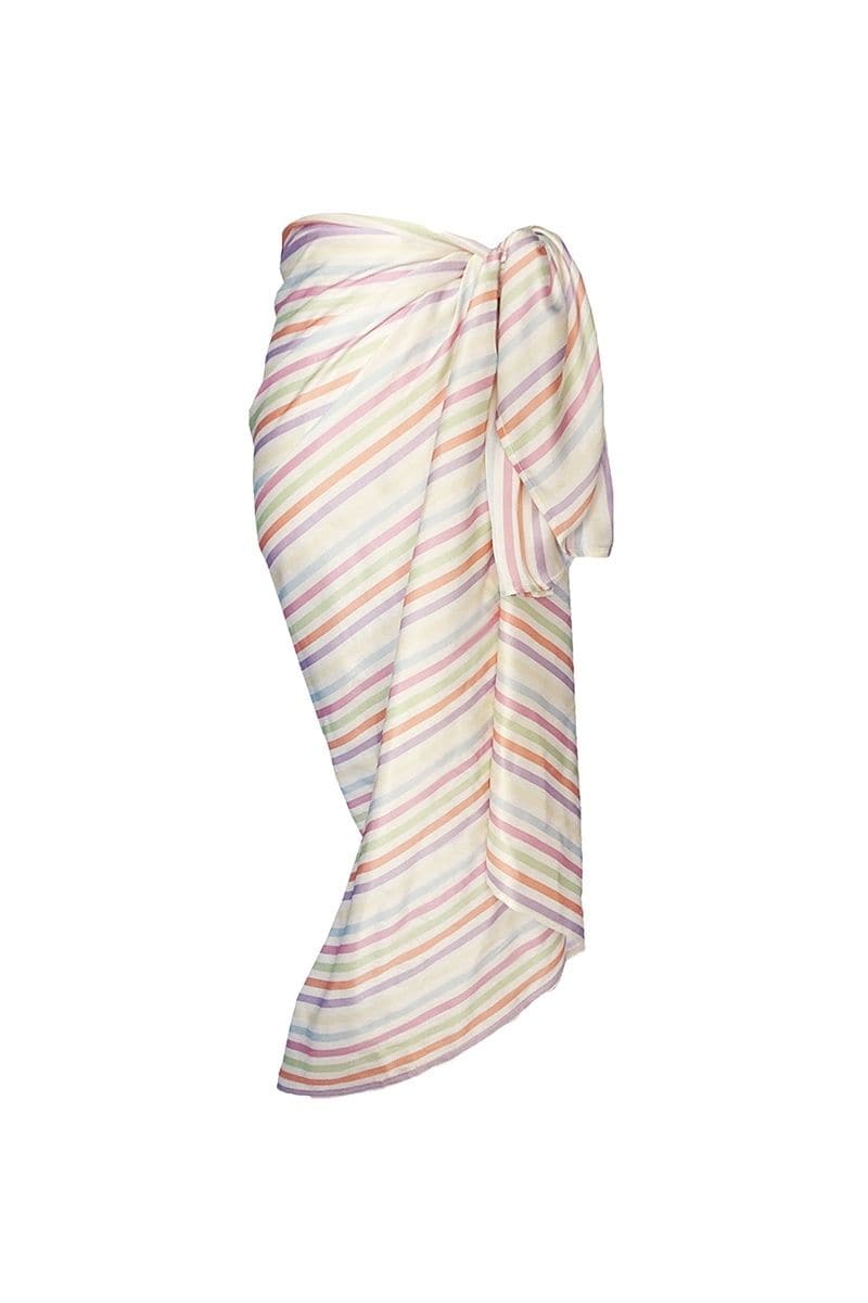 Aethera multicolor silk square scarf and front-tie pareo set featuring Stripe Charlotte and Isla designs, perfect for hair and beachwear.