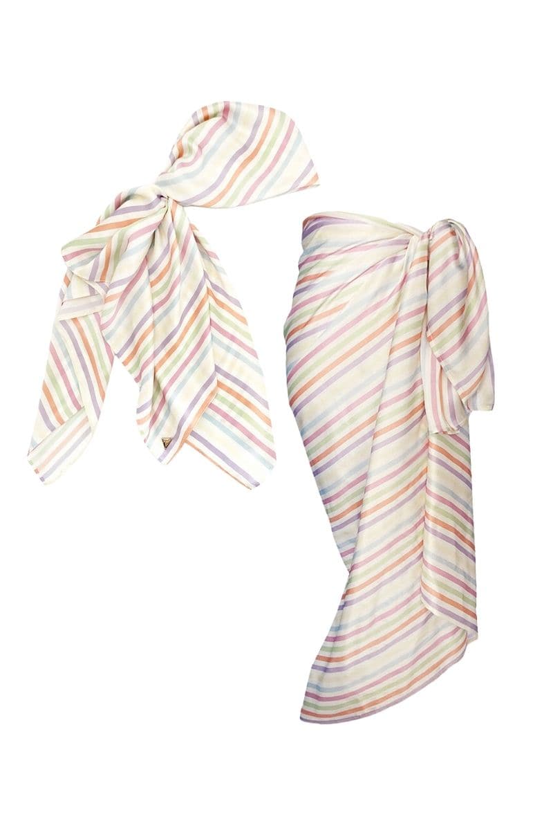 Aethera Stripe Charlotte silk square scarf and Isla silk front tie pareo set in multicolor, featuring vibrant, silky fabric details.