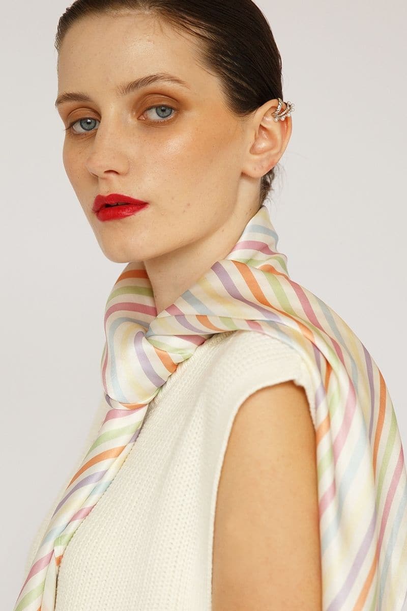 Aethera silk square scarf and front-tie pareo set in multicolor, featuring striped Charlotte design and Isla silk accessories.