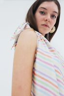 Aethera Stripe Charlotte silk square scarf and Isla silk front tie pareo set in multicolor, with vibrant patterns and smooth silk fabric.