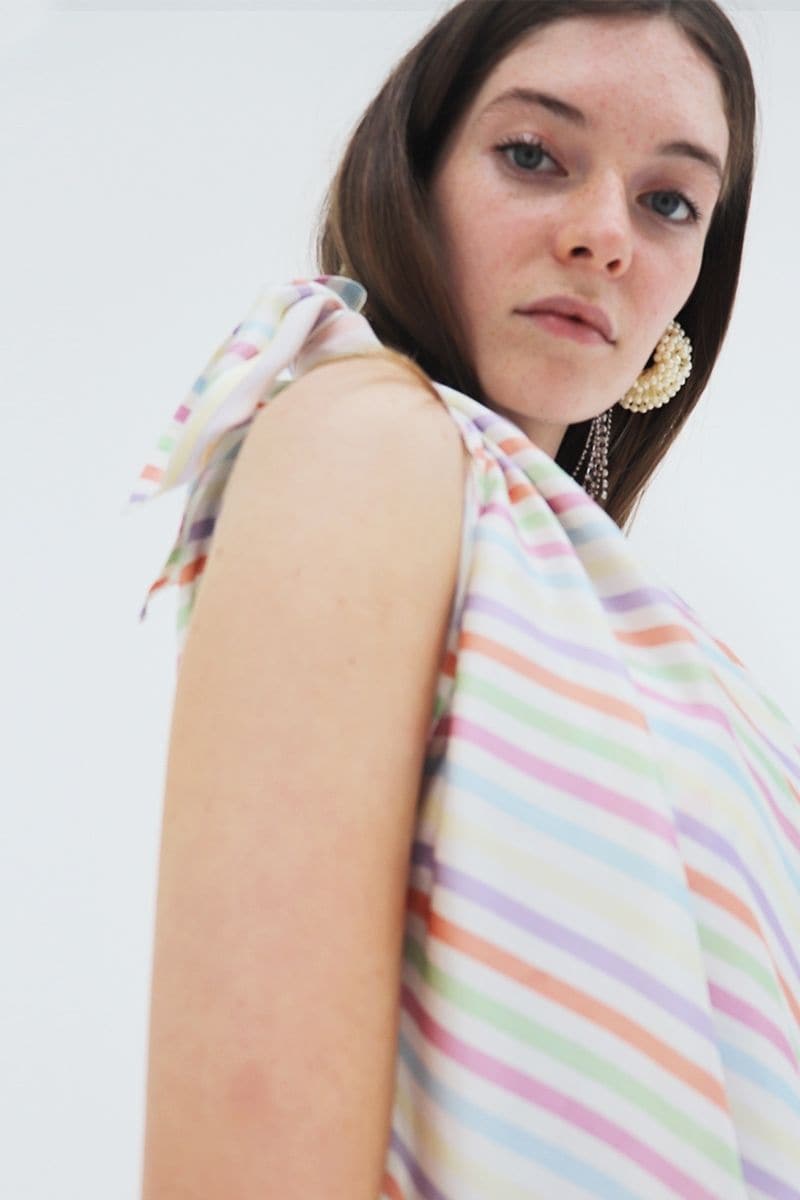 Aethera Stripe Charlotte silk square scarf and Isla silk front tie pareo set in multicolor, with vibrant patterns and smooth silk fabric.