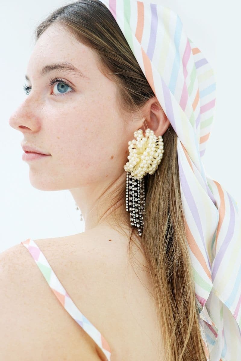 Multicolor Aethera silk square scarf and front-tie pareo set, featuring stripe and Isla silk design, styled as hair accessories.