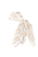 Aethera silk square scarf and front-tie pareo set featuring vibrant multicolor stripes, designed as elegant hair accessories and cover-up.