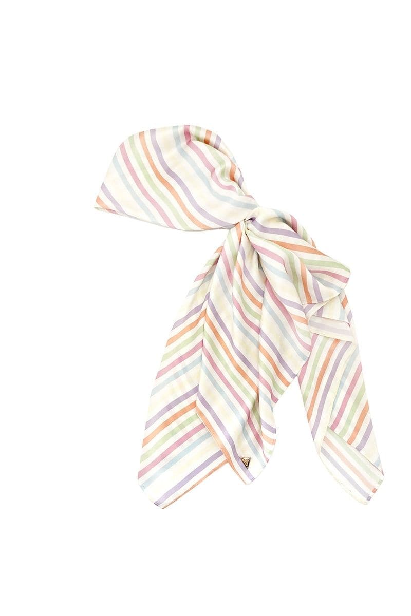 Aethera silk square scarf and front-tie pareo set featuring vibrant multicolor stripes, designed as elegant hair accessories and cover-up.