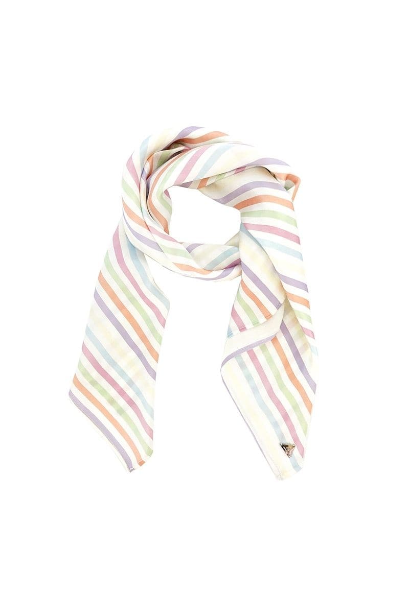 Aethera Stripe Charlotte silk square scarf and Isla silk front-tie pareo set in multicolor, featuring vibrant, smooth silk fabric.