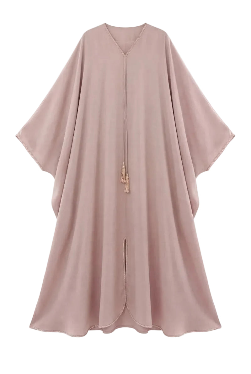 Shatha Essa tassel detail embellished caftan maxi dress with flowing fabric and intricate beadwork, perfect for elegant, relaxed occasions.
