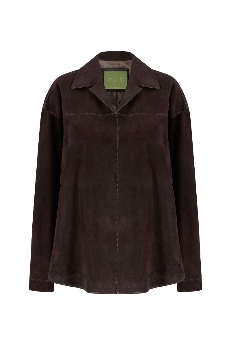 ZUT Meydan suede jacket displayed on a hanger, featuring a classic design with a soft, tan suede exterior and stylish collar.