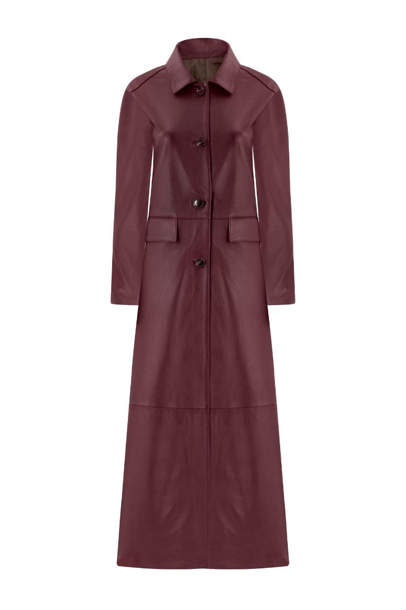 ZUT Palermo leather coat displayed on a hanger, showcasing its classic design and rich brown leather material.