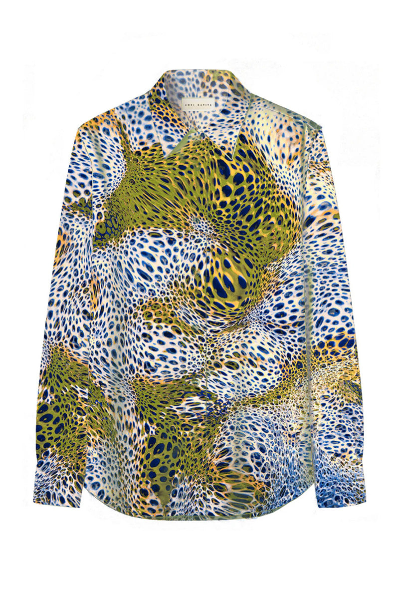 Amel Batita GIO MOUSSARD silk shirt featuring a classic fit with elegant design and soft fabric, displayed on a hanger.