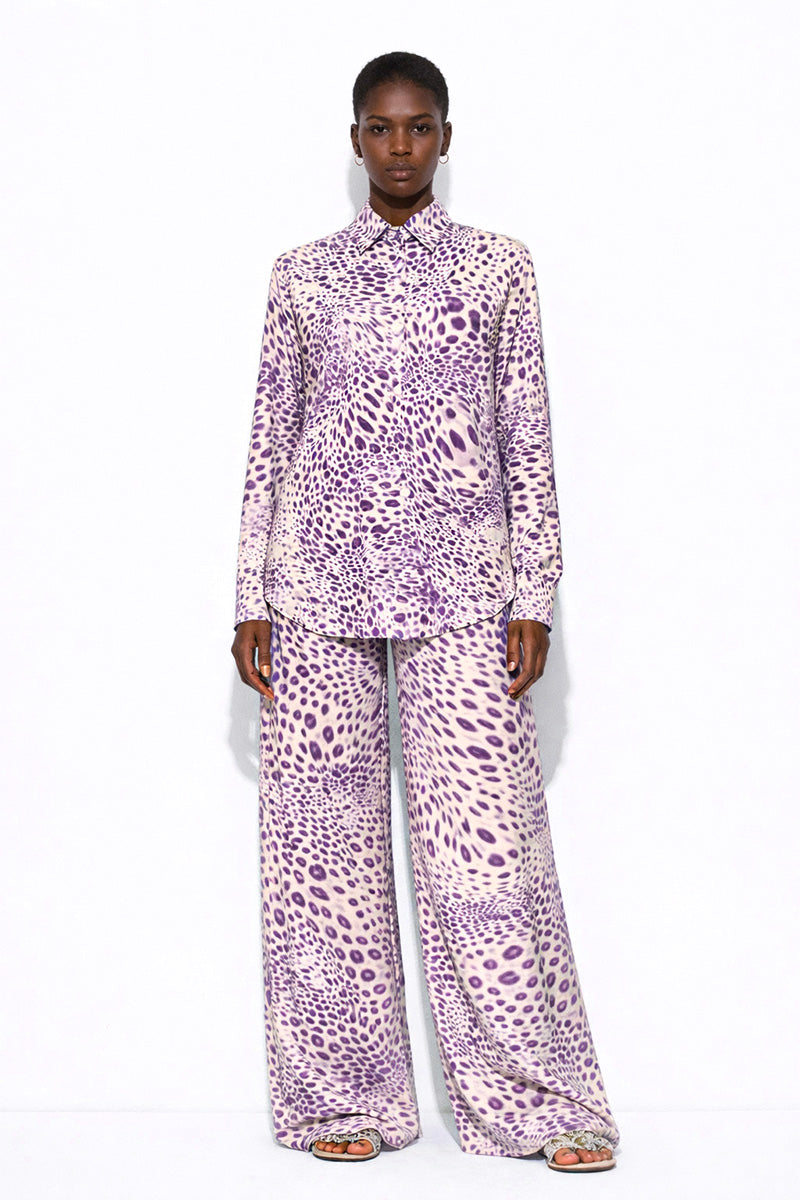 Amel Batita Parm Moussard silk shirt paired with matching pants, showcasing elegant fabric and stylish design.