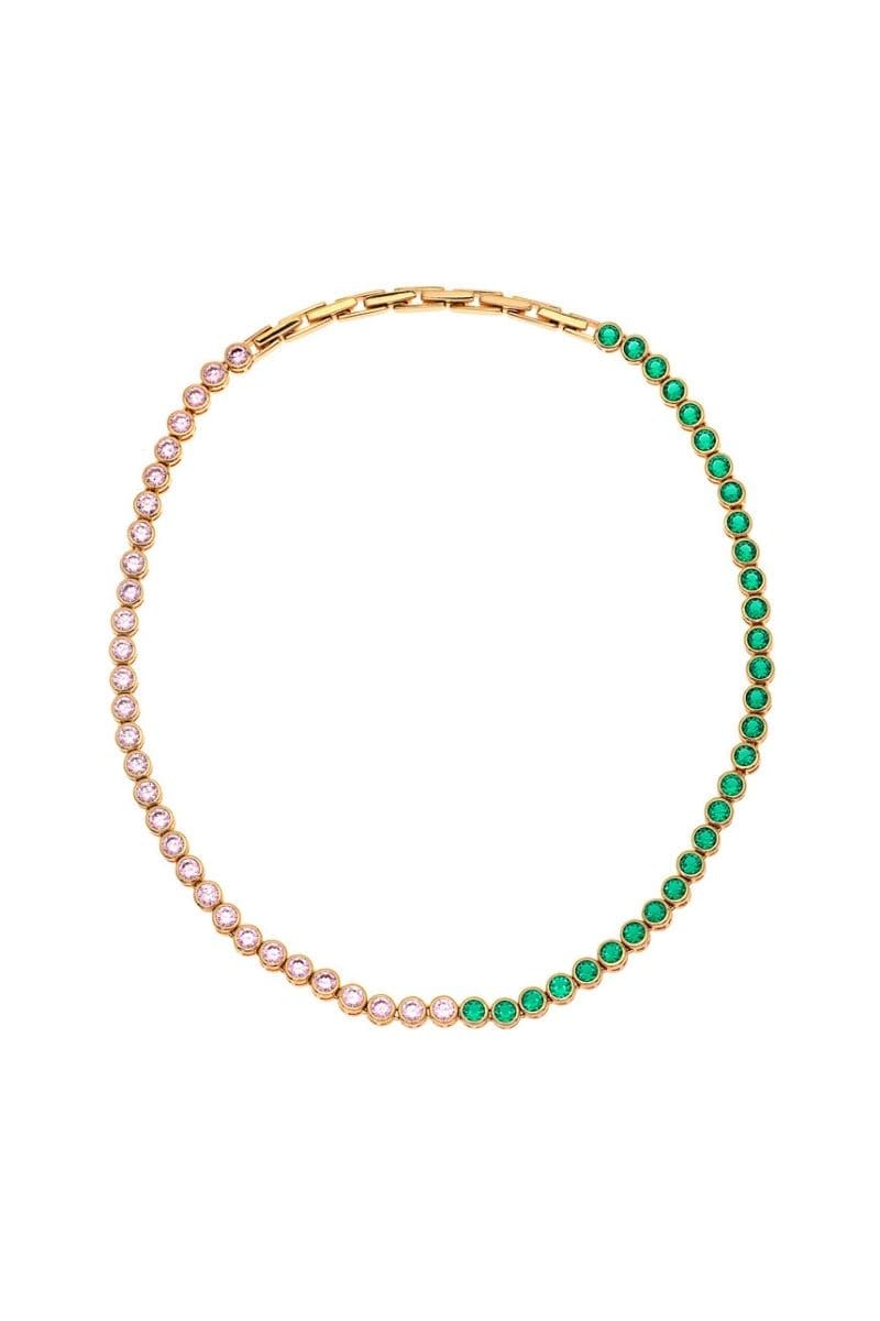 Gold and green dotty necklace by Amelia Scott featuring gold, emerald green, and blush pink beads with a stylish design.