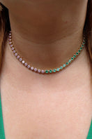 Gold and green dotty necklace by Amelia Scott featuring gold, emerald green, blush pink beads on a delicate chain.