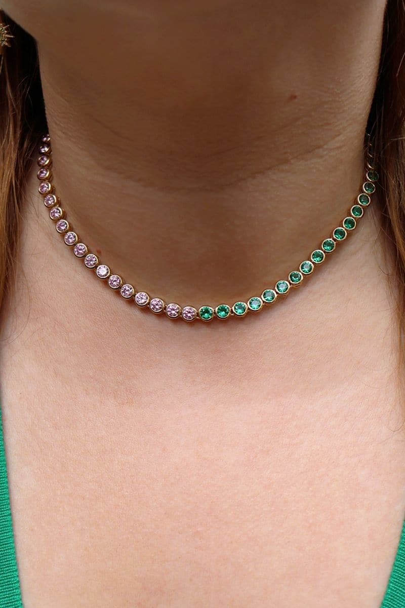 Gold and green dotty necklace by Amelia Scott featuring gold, emerald green, blush pink beads on a delicate chain.