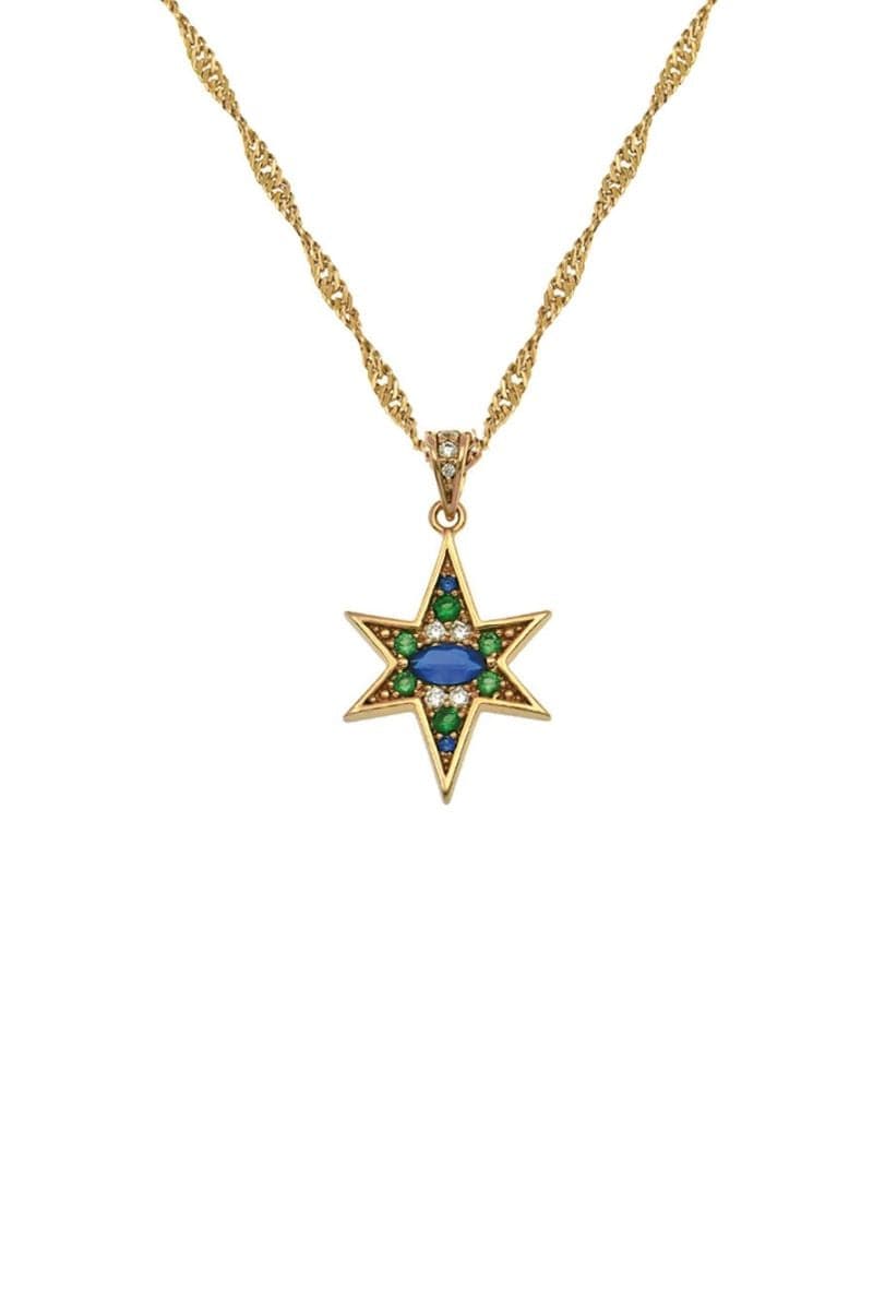 Gold Nova Necklace by Amelia Scott featuring emerald green and sapphire blue gemstones on a delicate gold chain.