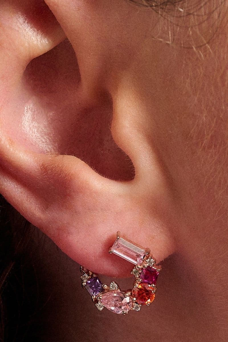Rose gold Lottie earrings by Amelia Scott featuring pink, purple, and orange gemstones with a delicate, elegant design.