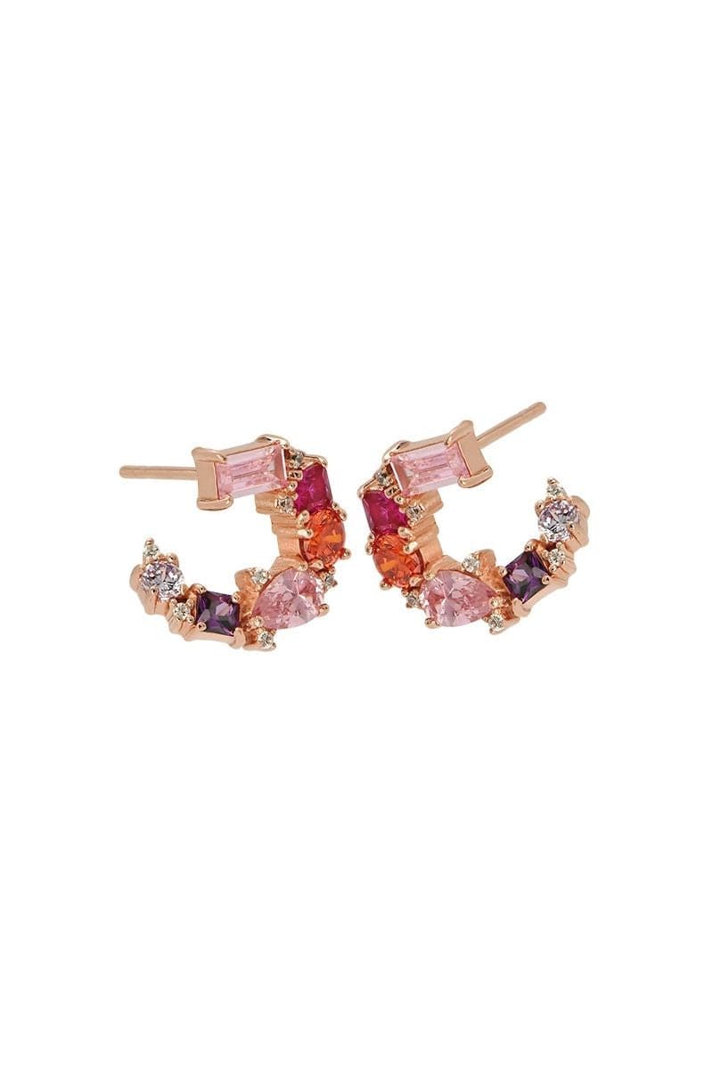Rose gold Lottie earrings by Amelia Scott featuring pink, purple, and orange gemstones with elegant dangle design.