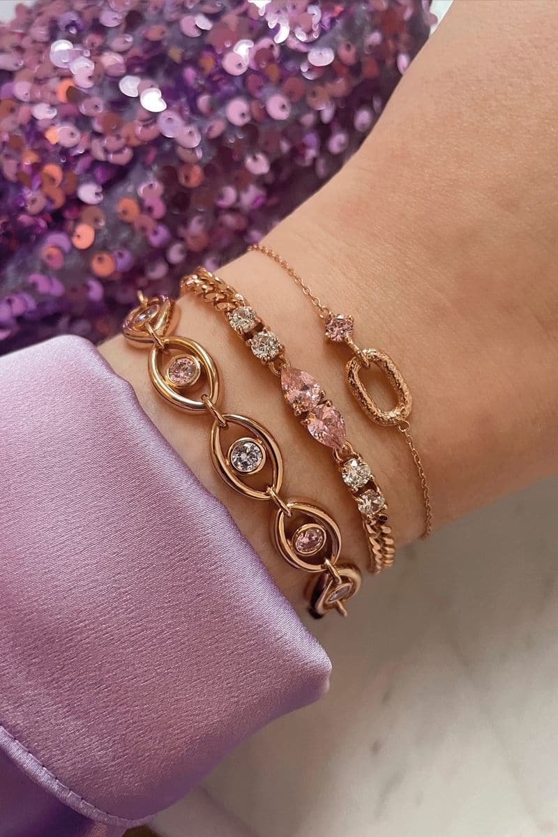 Rose gold Sofia bracelet by Amelia Scott featuring blush pink accents and delicate chain design.
