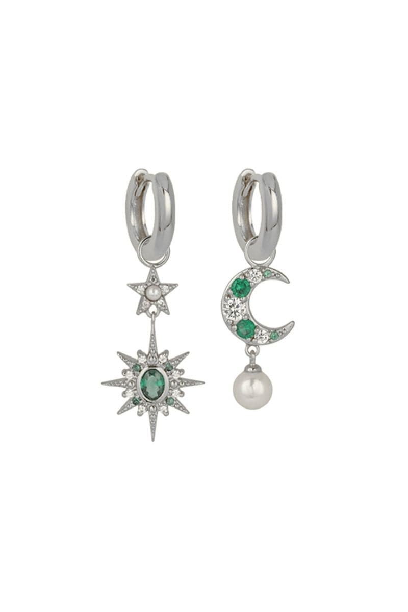 Silver Luna earrings by Amelia Scott featuring emerald green accents and a sleek, modern design.