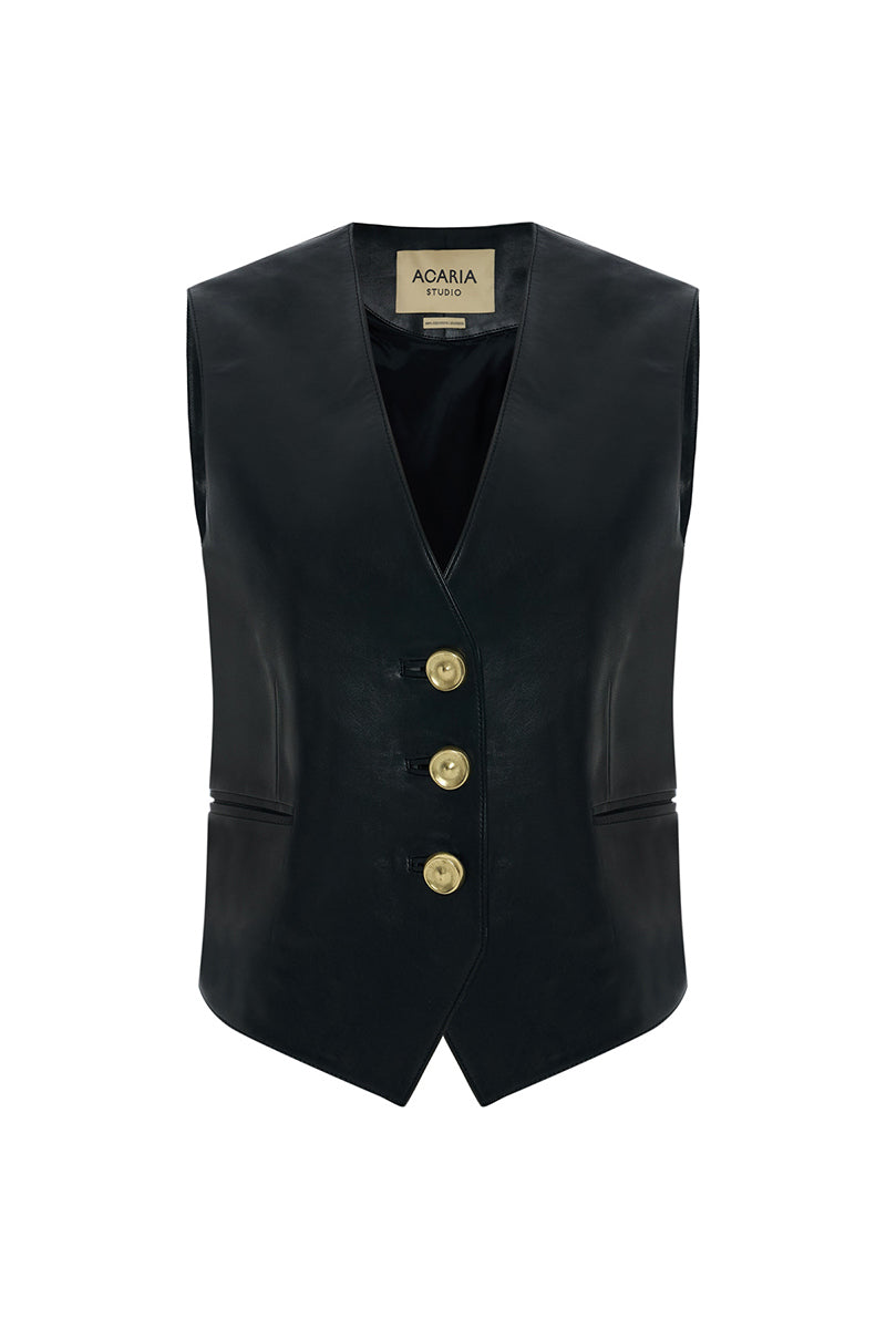Black Ancient Poem vest by Acaria Studio, featuring intricate woven patterns and a sleek, modern vest design.