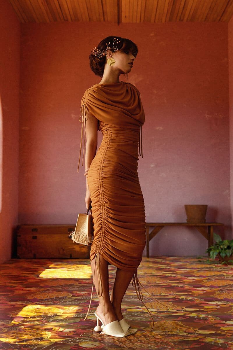 RATU CARAMEL MESH MIDI DRESS | Andrea Iyamah | CULT MIA