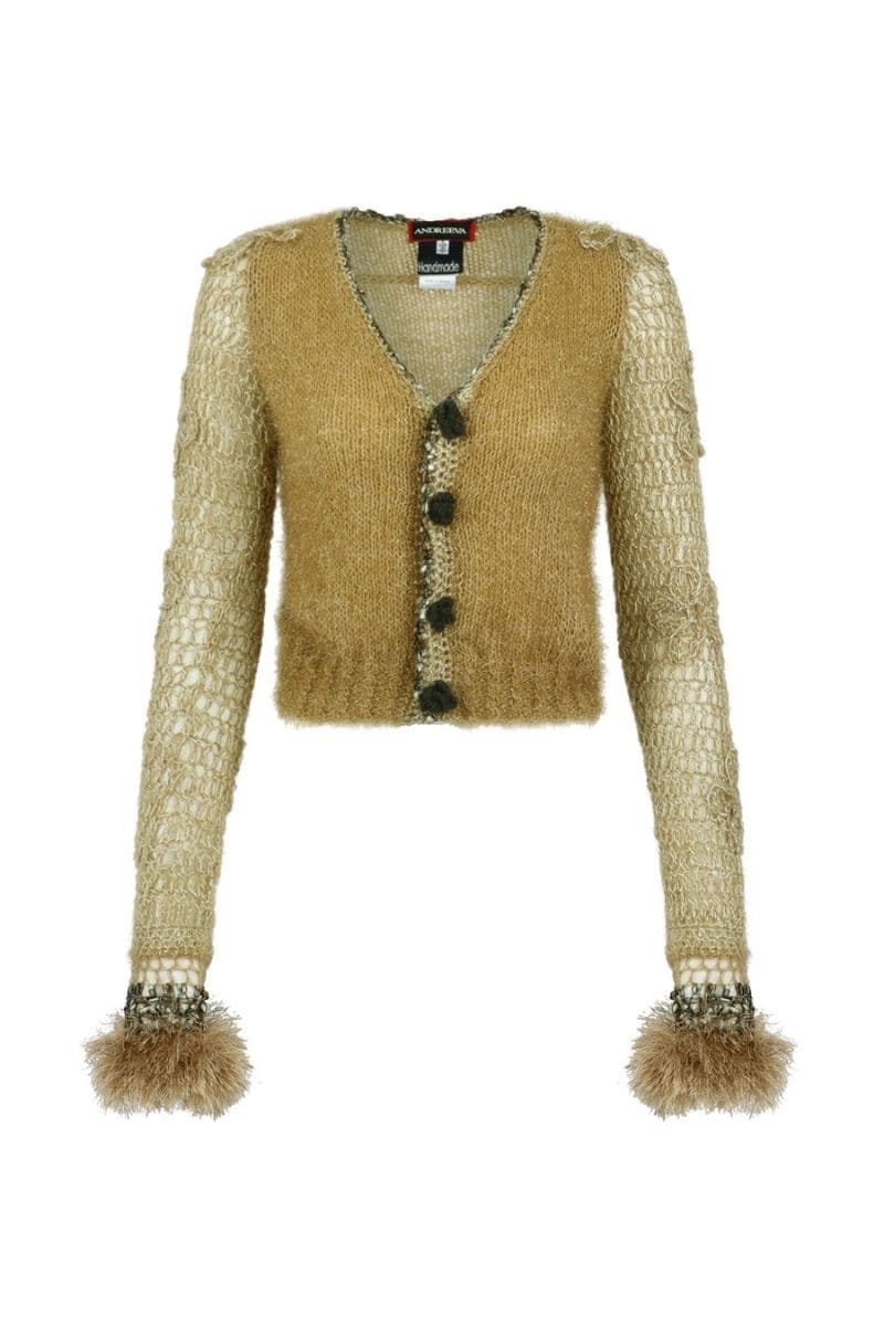 CAMEL HANDMADE KNITTED FEATHER CARDIGAN | Andreeva | CULT MIA