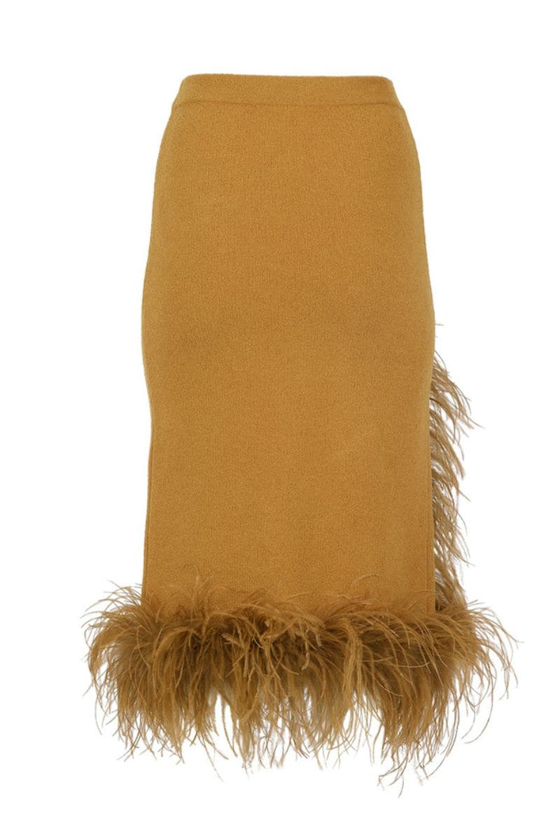 CAMEL KNIT SKIRT WITH FEATHER TRIM - CULT MIA