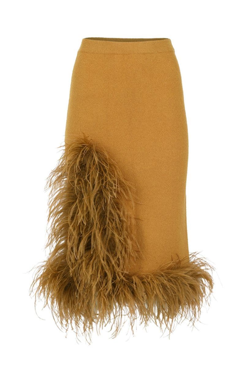 CAMEL KNIT SKIRT WITH FEATHER TRIM - CULT MIA