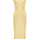Andreeva peach knit maxi dress with feather details, sleeveless design and elegant silhouette, perfect for stylish occasions.
