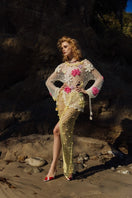 Multicolor handmade crochet top by Andreeva, featuring intricate crochet details and a fitted style, displayed on a white background.