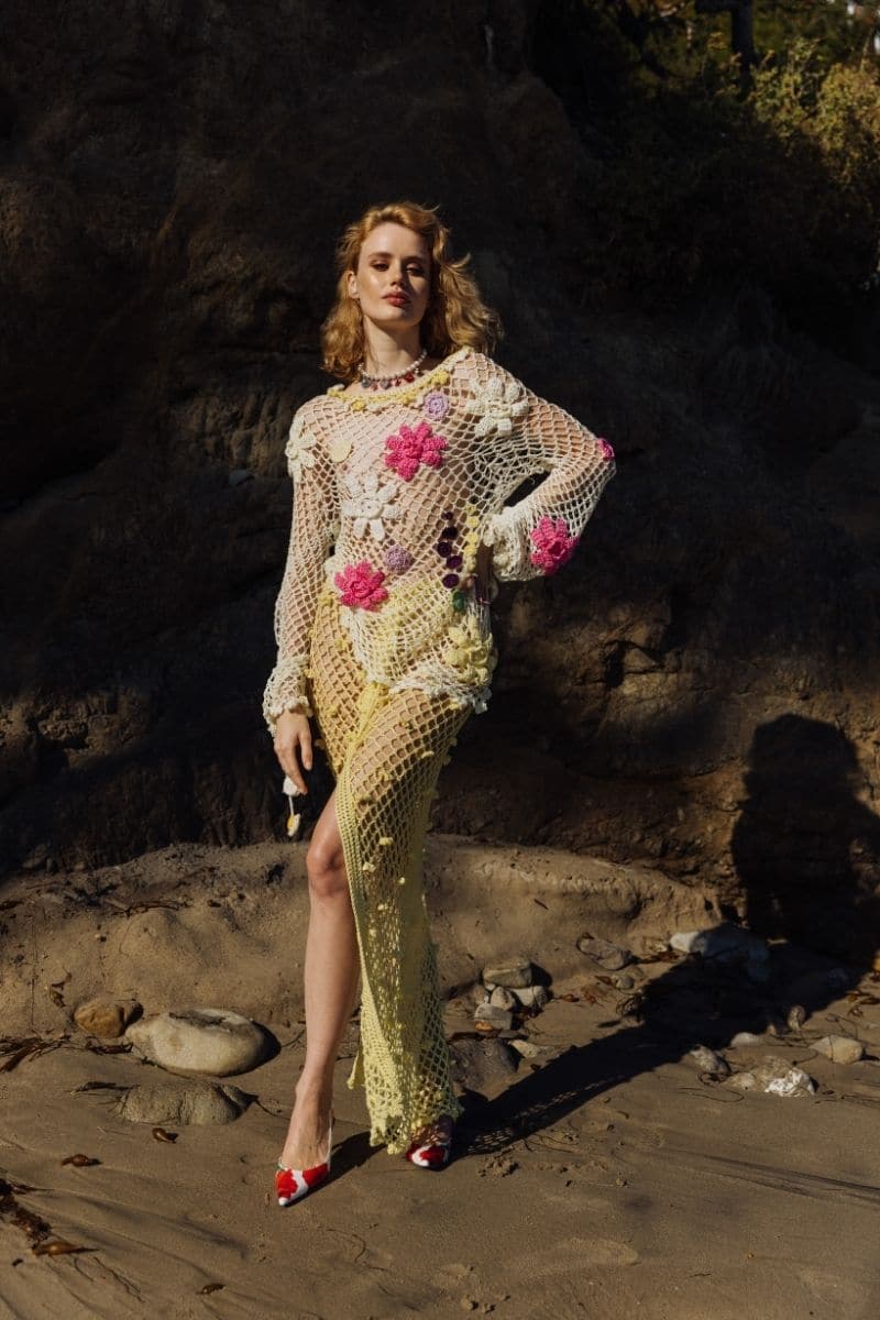 Multicolor handmade crochet top by Andreeva featuring intricate crochet patterns, worn as a stylish casual top.