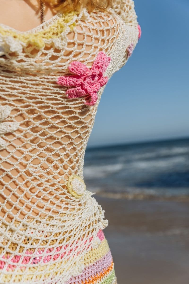 Multicolor handmade crochet top by Andreeva, featuring intricate crochet details and a fitted design in XS size.