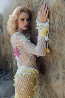 Multicolor handmade crochet top by Andreeva featuring intricate stitch patterns and a fitted style, shown in size XS.