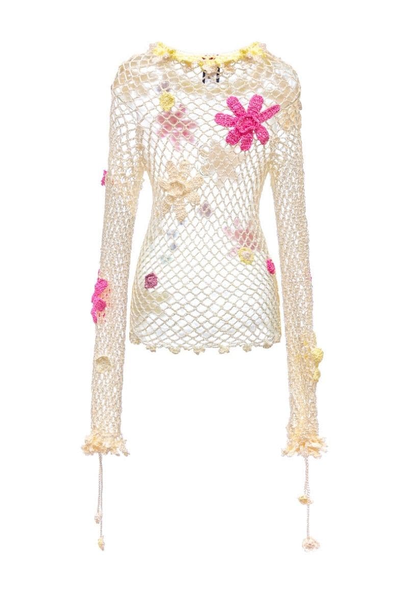 Multicolor handmade crochet top by Andreeva, displayed on a model, featuring intricate crochet patterns and a casual, stylish fit.