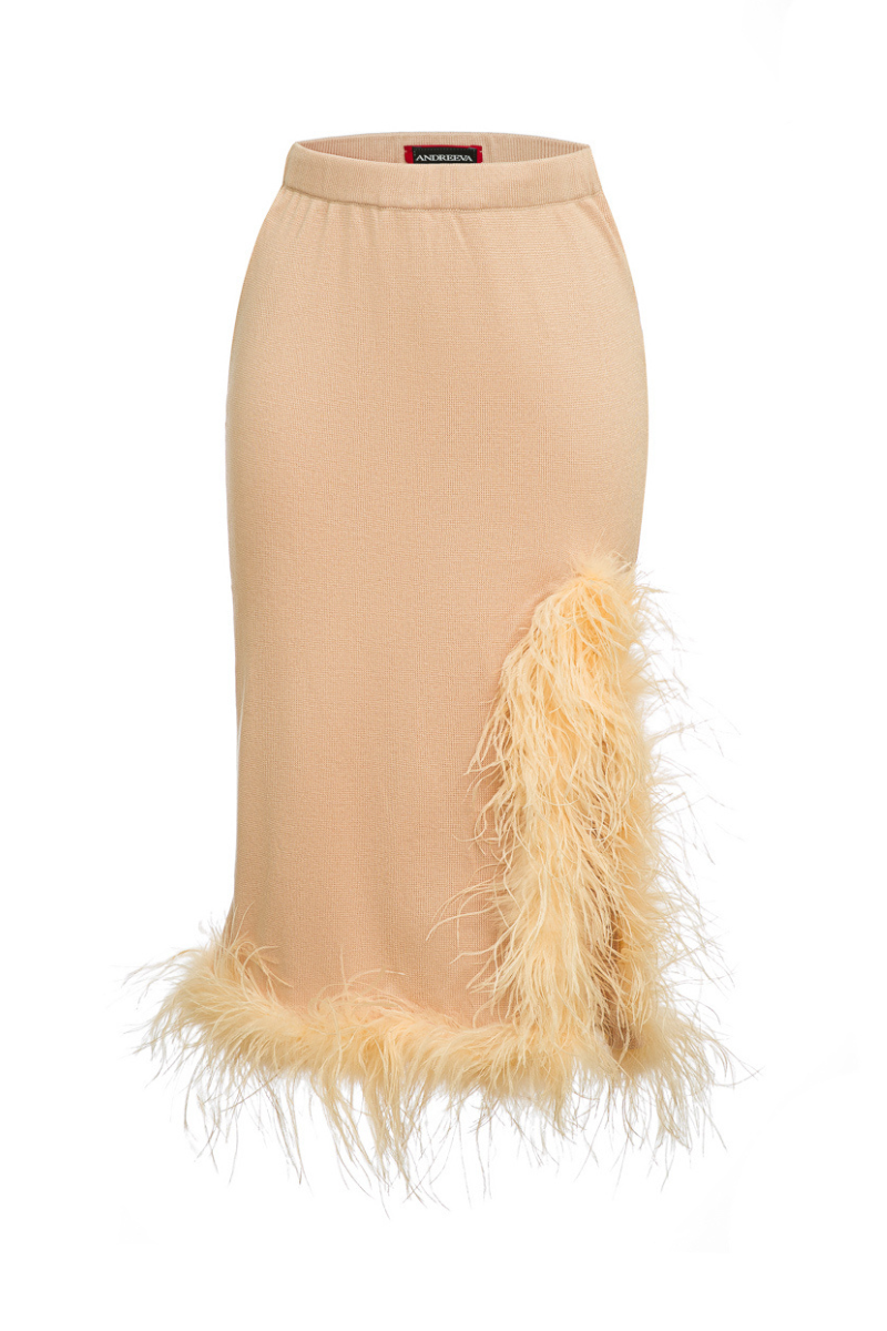 PEACH KNIT SKIRT-DRESS WITH FEATHERS | Andreeva | CULT MIA