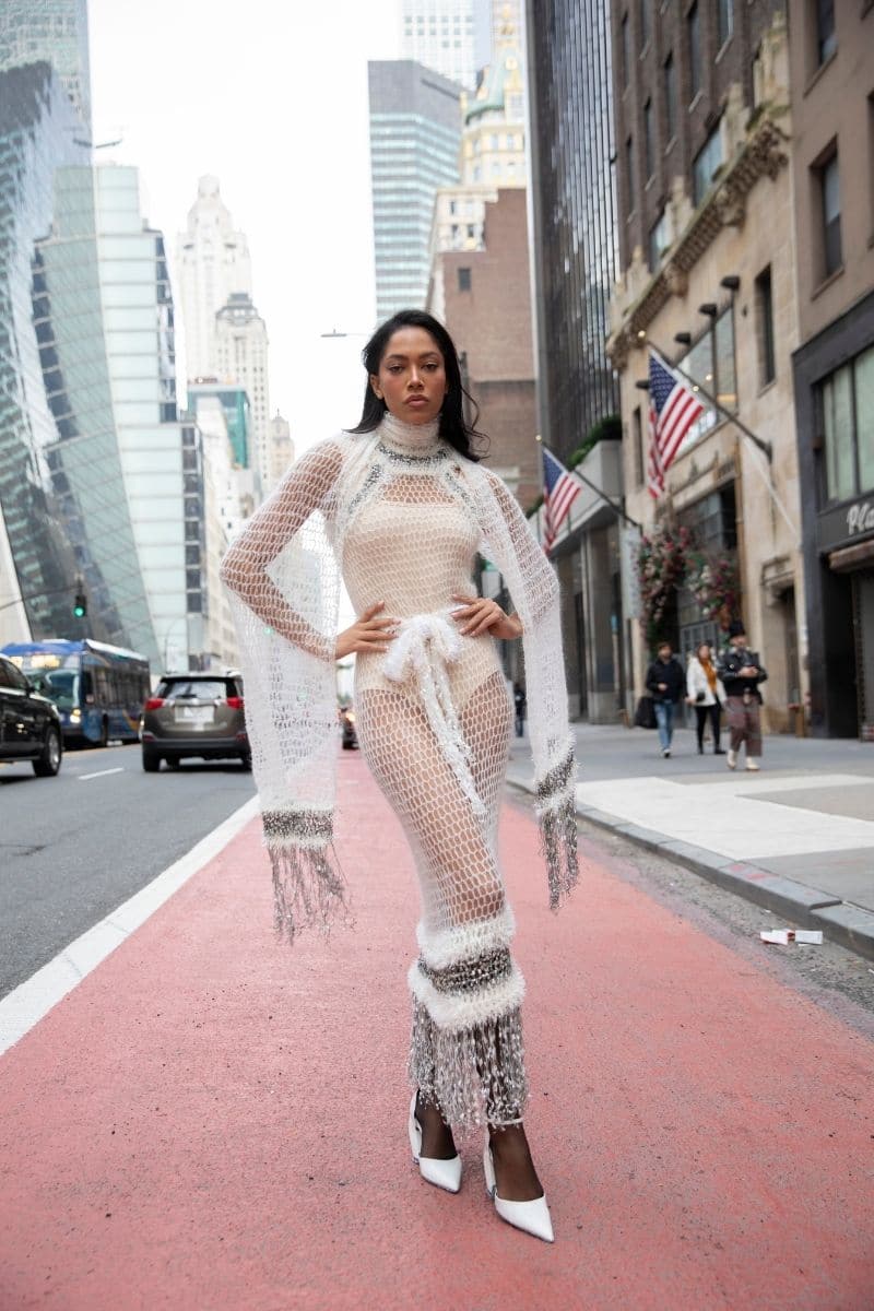 WHITE ROSE HANDMADE KNITTED MIDI DRESS | Andreeva | CULT MIA
