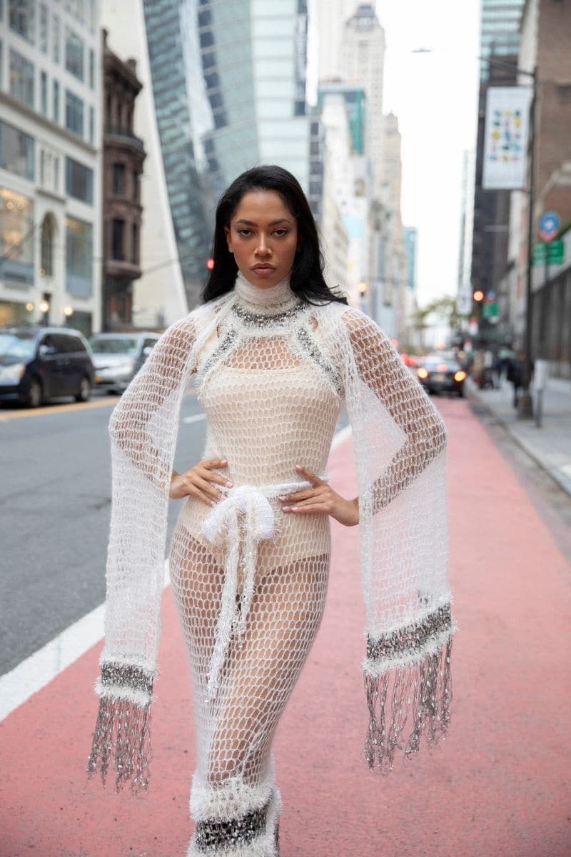 WHITE ROSE HANDMADE KNITTED MIDI DRESS | Andreeva | CULT MIA