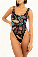 Black Arizona one-piece swimsuit by Oceanus, featuring a sleek design and comfortable fit, displayed on a mannequin.