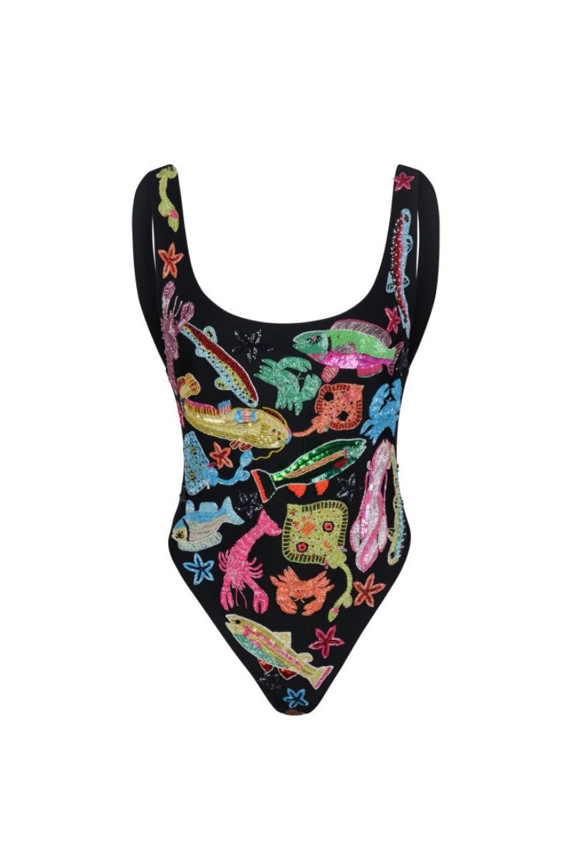 Black Arizona one-piece swimsuit by Oceanus featuring a sleek, fitted design ideal for beach or pool lounging.