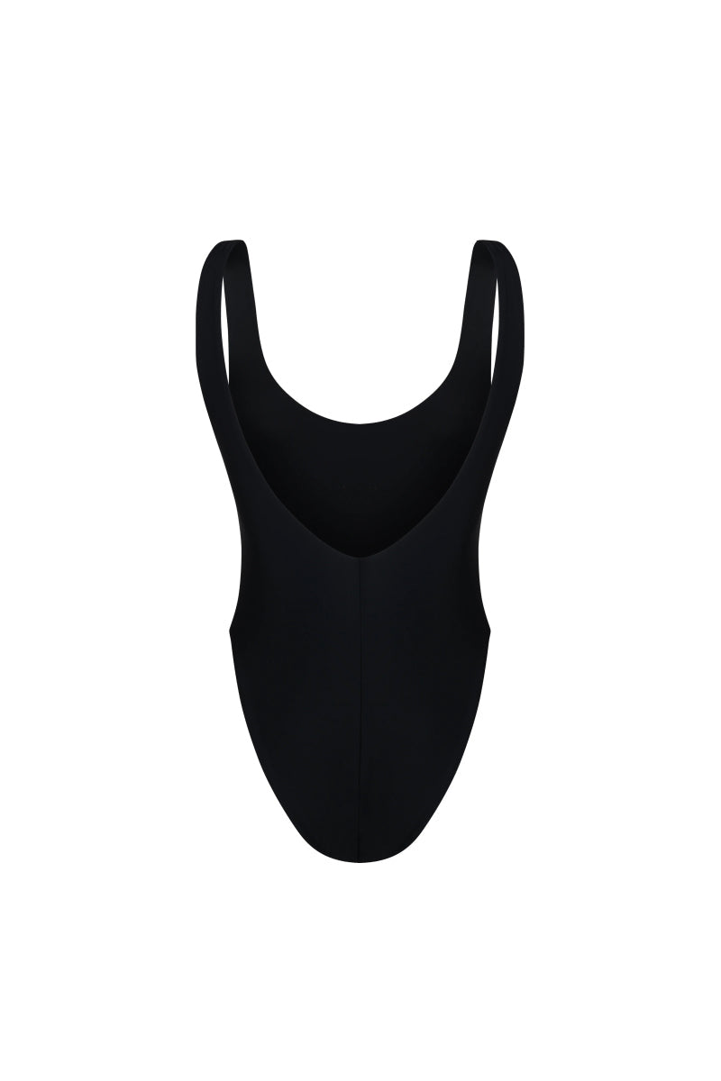 Black Arizona one-piece swimsuit by Oceanus, featuring a sleek, fitted design with shoulder straps and smooth fabric.