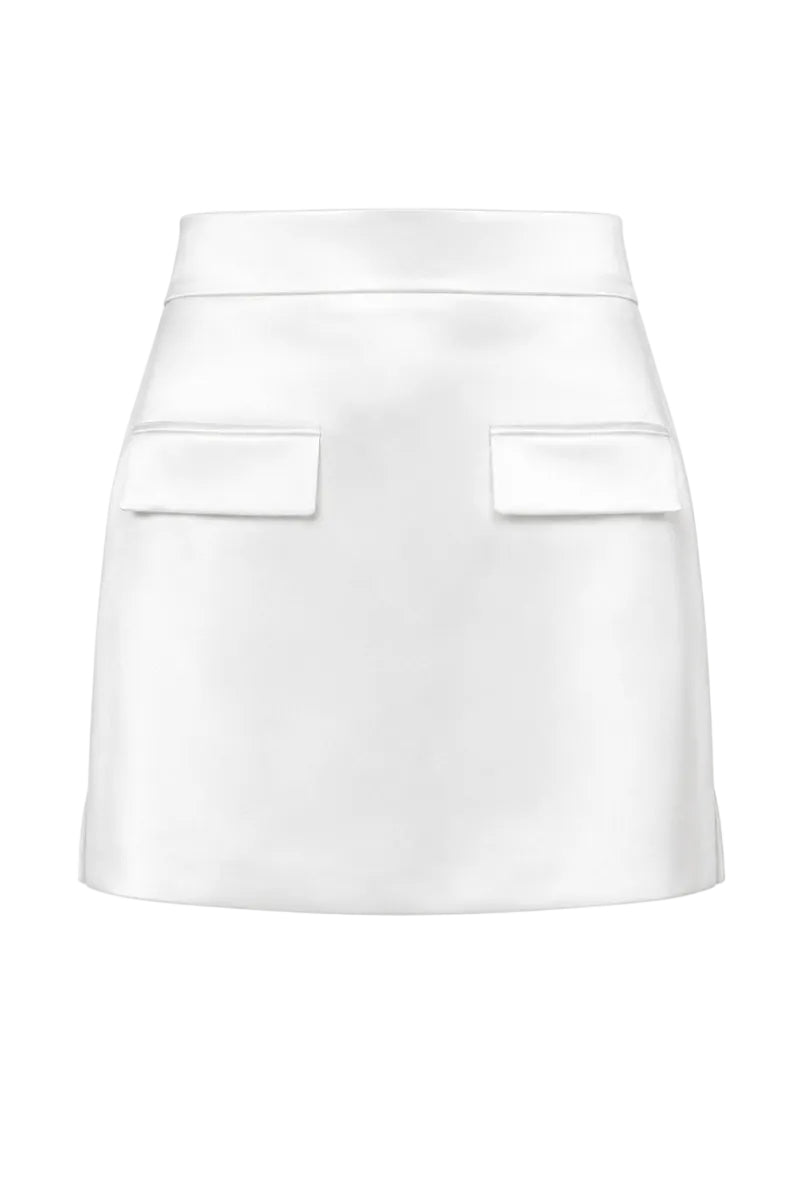 White satin mini skirt from Izakova's Atena collection, featuring a sleek and stylish design.