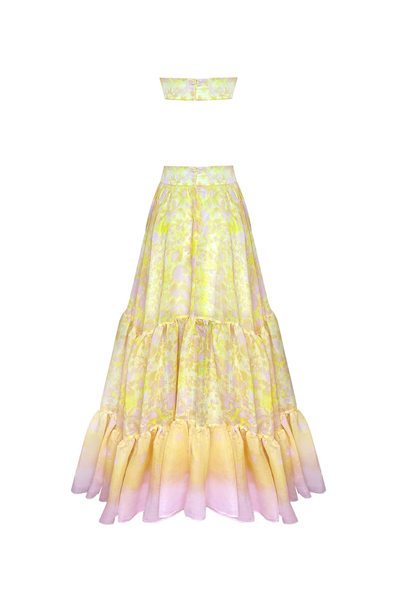 Gigii's Aurora Gialla Co-ord set featuring a vibrant yellow bandeau top and matching high-waisted pants, front view.