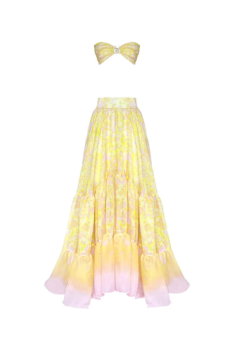 Gigii's Aurora Gialla co-ord set featuring a yellow bandeau top and matching high-waisted shorts.