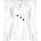Izakova Azera blazer in white satin, tailored blazer with a sleek fit and smooth satin fabric, displayed on a neutral background.