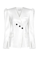 Izakova Azera blazer in white satin, tailored blazer with a sleek fit and smooth satin fabric, displayed on a neutral background.