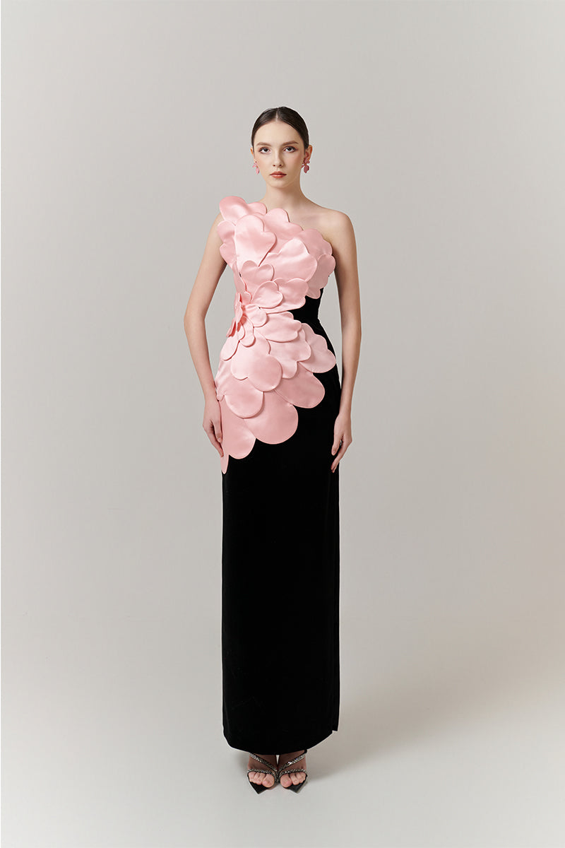 Elegant flower applique body gown by Happy Clothing featuring intricate floral details and a flowing silhouette.